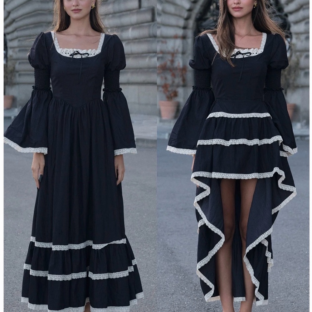 Lace Made Black Lace-Trim Maxi Dress with Bell Sleeves - Picture 3 of 3